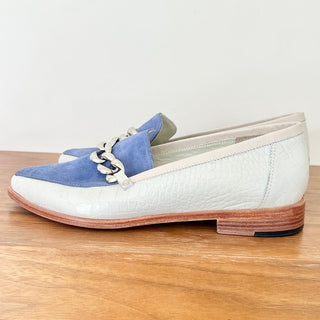 Victoria Hache Suede 100% Leather Slip On Flat Loafers Blue Ivory Women's Size 9