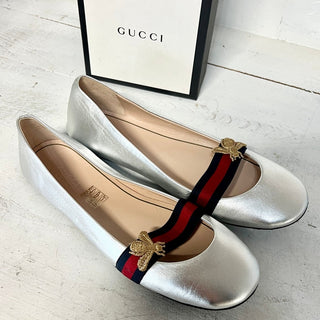 NWT Gucci Bayadere Bee Leather Slip On Ballerina Flat Shoes Silver Women's 38