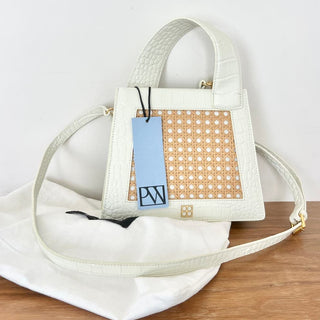 NWT Parisa Wang Calf Leather Audrey Top Handle Shoulder Bag Cream w/ Bamboo