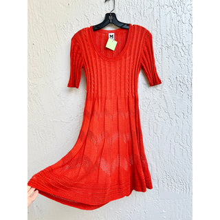 VTG Missoni Crochet Knit Pleated Scoop Neck Flare Mini Dress Red Women's Small