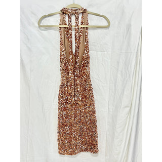 NWT Nookie Revel Sequins Plunging Halter Neck Mini Dress Rose Gold Women's XS