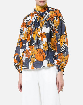 Warm Mystic Floral Printed Long Sleeve Blouse Top Marigold Women's Size Small