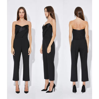 $915 RTA Lou Satin Trim Strapless Tuxedo One-Piece Crop Jumpsuit Black Women's 2