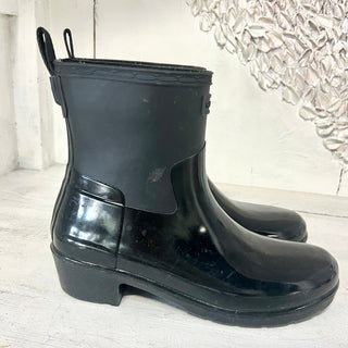 Hunter Refined Low Heel Ankle Biker Rain Boots Gloss Duo Black Women's Size US 8