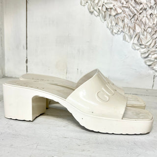 Gucci Embossed Logo Gloss Rubber Slide Heeled Mule Sandals Off-White Women 38