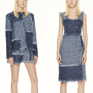 M Missoni Denim Patchwork Knee Length Dress & Tweed Jacket Set Blue 42 / US 6