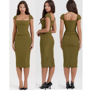 House of CB Layana Cap Sleeve Bodycon Corset Midi Dress Olive Women's Size S