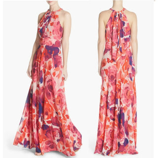 Eliza J Pleated Floral Sleeveless Halter Chiffon Maxi Dress Watercolor Pink US 6