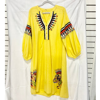 Jazmin Chebar Tunica Mexico Balloon Sleeve A-Line Midi Dress Yellow Sz 3 / Large