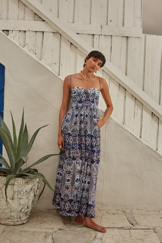 NWT Carolina K Lola Ikat Sweetheart Neck Sleeveless Maxi Sundress Blue Women's L