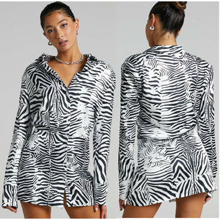 Lioness Mirror Image Zebra Long Sleeve Mini Shirt Dress Black/White Women's XS