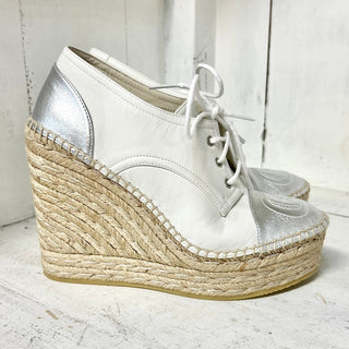 NWOT Gucci Pilar Leather Platform Wedge Heel Espadrilles White/Silver 36 / 5.5