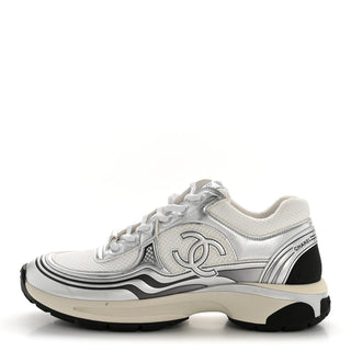Chanel Fabric Laminated Calfskin Stretch CC Sneakers White Silver Women's EU 36