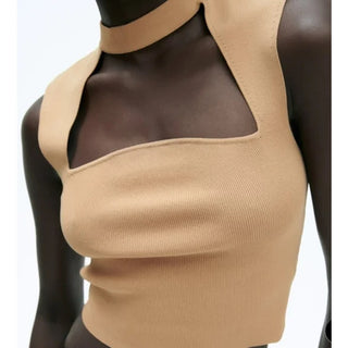 NWOT Zara Sleeveless Cutout High-Neck Crop Knit Choker Top Camel Brown Women's S