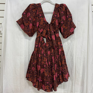 Eugenia Fernandez Floral Puff Sleeve Tie Back Babydoll Mini Dress Brown Size S