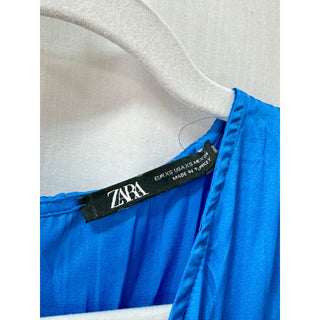 Zara Satin Short Sleeve V-Neck Pleated Playsuit Romper Cobalt Blue Women's XS