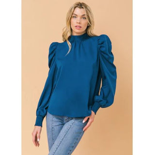 NWT Jealous Tomato Long Puff Sleeve Back Tie Top Blouse Blue Women's Size Large