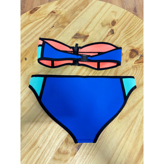 TRIANGL Colorblock Bandeau Bikini Top & Bikini Bottom Set Orange/Blue Women XS-M