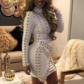 Studded Long Sleeve Mock Neck Asymmetric Hem Mini Sheath Dress White Women's S