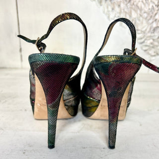 Jimmy Choo Textured Suede Metallic Peep Toe Slingback Stilettos Pumps Multi 38.5