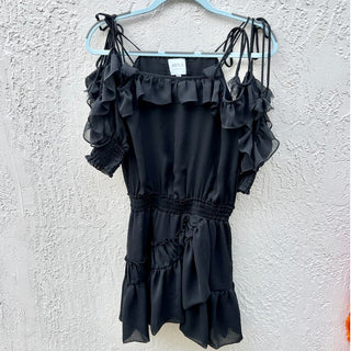 Misa Los Angeles Emelie Tie Cold Shoulder Ruffle Hem Mini Dress Black Women's XS