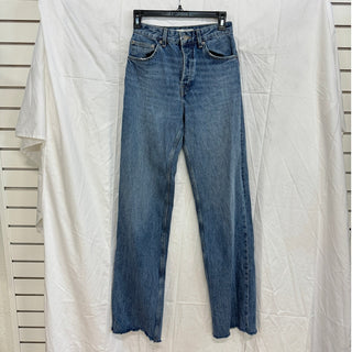 Zara Cotton High Waisted Frayed Hem Denim Straight Jeans Blue Women's Size US 2