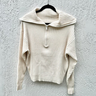 Elan Long Sleeve Ribbed Knit Zip Up Pullover Sweater Cream Women's Size Small