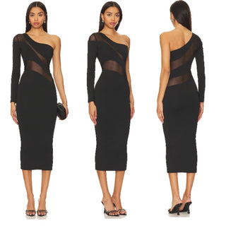 superdown Kaelyn Mesh Panel One Shoulder Bodycon Maxi Dress Black Womens Size XS