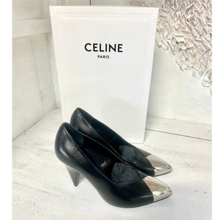 NIB $1.200 Celine Triangle Heel Metallic Toe Leather Pump Black Women's Sz 35.5