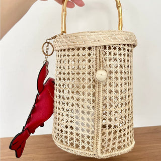 La Quijana Wicker Woven Bucket Bag Cream With Red Lobster Pouch Women's