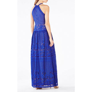 NWT BCBGMaxazria Christel Eyelet Sleeveless Halter Neck Long Dress Royal Blue 10