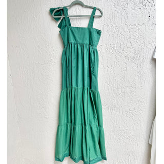 Pinko Shoulder Tie Cotton Square Neck Tiered Maxi Dress Green Women's Size US 4