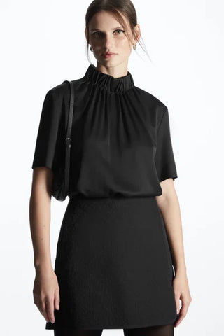 COS Satin Short Sleeve Gathered High Neck Blouse Top Black Women's Size 10