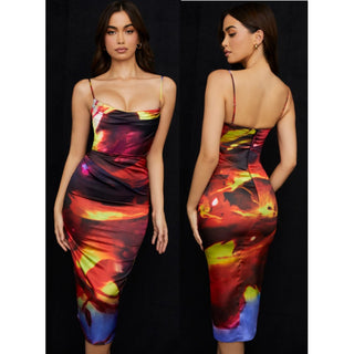 House of CB Mitzi Printed Satin Sleeveless Corset Midi Dress Multi Women's XS