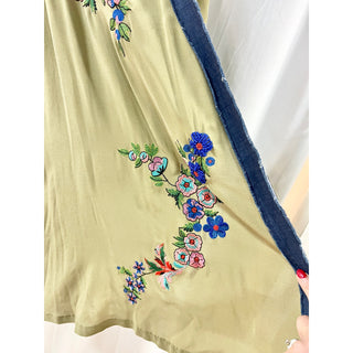Anjuna Embroidered Floral Open Front Kimono Kaftan Olive Green Women's Size M