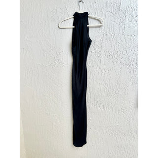 Meshki Claire Satin Halter Neck Drape Back Maxi Dress with Split Black Womens XS