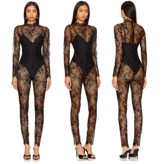 NWT Atoir The Celina Sheer Lace Long Sleeve Mock Neck Jumpsuit Black Womens US 4