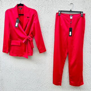 NWT Misook Wrap Crepe de Chine Blazer & Wide Leg Pant Set Sunset Red Women's XS