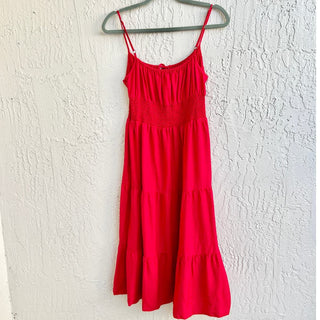 Krewe Du Q Spaghetti Strap Smocked Tiered Midi Dress Red Women's Size Large