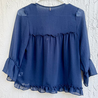 MISA Los Angeles Aleks 3/4 Sleeve Tassel-Trim Ruffle Blouse Top Navy Women's XS