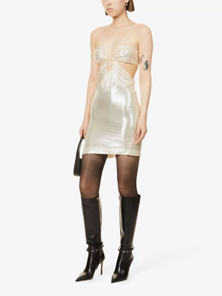 Nensi Dojaka Metallic Silk Sleeveless Cutout Bodycon Mini Dress Gold Women Small