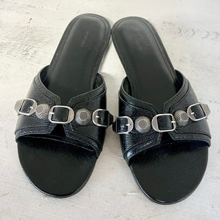 Balenciaga Cagole Arena Lambskin Slip On Open Toe Flat Sandals Black Women's 37