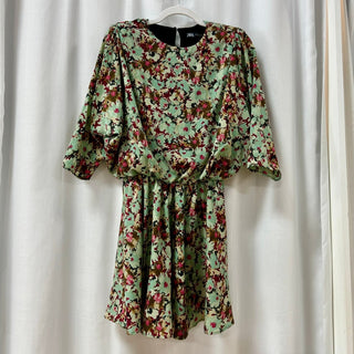 Zara Floral Print Ruffle Hem Structured Blouson Mini Dress Green Women's Size XS