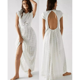 Free People Serenity Short Sleeve Cut Out Back Maxi Dress Ivory Women's Size S