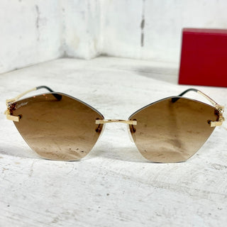 NWT Panthère de Cartier Rimless Gold Metal Gradient Brown Lens Cat Eye Sunglass