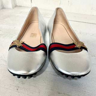 NWT Gucci Bayadere Bee Leather Slip On Ballerina Flat Shoes Silver Women's 38