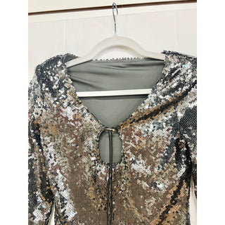 Solaris Sequined Long Sleeve Keyhole Neck Crop Blouse Top Gray Women's Size S