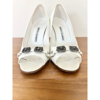 Manolo Blahnik Leather Peep Toe Stiletto Heels Sandal White Womens Size 36.5/6.5