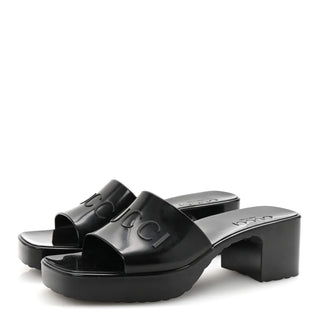 Gucci Logo Slip On Wide Strap Platform Block Heel Slide Sandals Black Women's EU 36