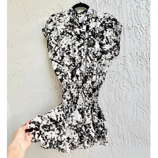 MISA Eloisa Smocked Waist Button Front Mini Dress Black White Floral Women's XS